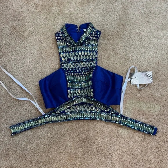 NWT Rachel Allan Beaded Two Piece Mermaid Prom Dress Sz 0 Royal Blue 7079 - Picture 4 of 13